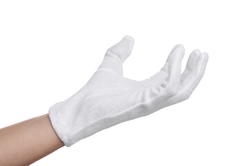 Woman in cloth glove on white background, closeup