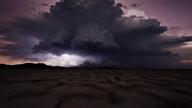 Dramatic lightning strikes illuminate ominous thunderclouds gathering over a desolate desert plain at dusk.
