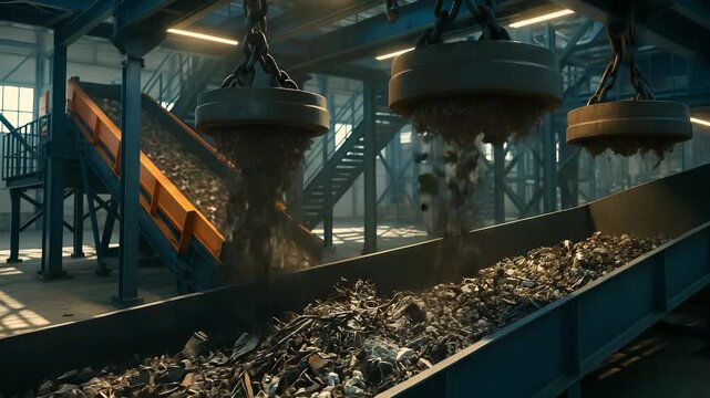 recycling facility operates with specialized machines breaking down waste materials and sorting them for reuse. material recovery and sustainable waste management practices. Machines break materials.