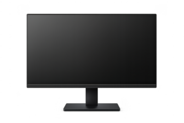 Black computer monitor with stand, transparent background for design use.