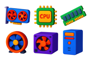 PC Parts Icons. 3D icon set of PC building parts: graphics card, CPU chip, RAM stick, cooling fan, power supply, case tower. A set