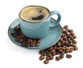 Aromatic coffee in cup and beans on white background