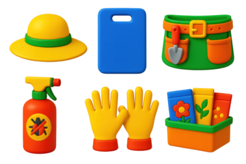 Gardening Icon Set. 3D icon set of gardening accessories: garden hat, kneeling pad, tool belt, insect spray, gloves, seed