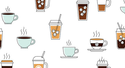 Vibrant pattern of assorted coffee and tea drinks in cups mugs and glasses creating a playful everyday cafe scene for bright kitchen decor.