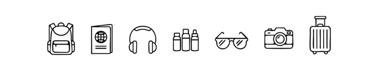 Black-and-white travel icons showing essentials like backpack, passport, toiletries, sunglasses, and suitcase.