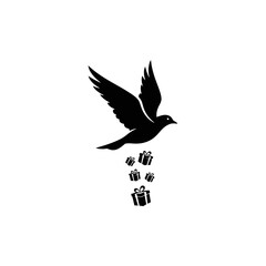 A black silhouette of a bird in flight dropping multiple small gift boxes.
