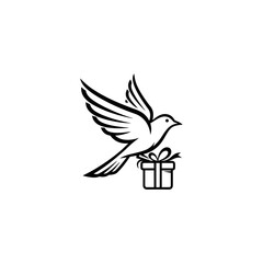 A stylized black and white drawing of a dove flying and carrying a small gift box with a bow.