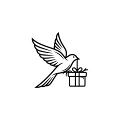 Black and white line art illustration of a flying bird carrying a small gift box with a bow in its beak, symbolizing delivery or a special present.