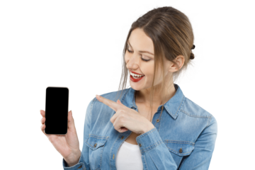 Joyful beautiful woman pointing a finger at a smartphone with a blank screen