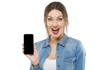 Surprised beautiful woman holding a phone with black screen and looking at camera