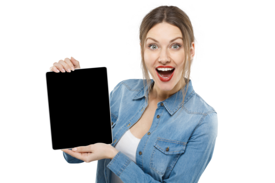 Enthusiastic excited woman holding up a tablet with black screen and open mouth - Powered by Adobe