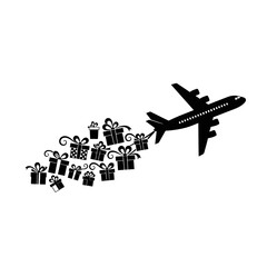 A black silhouette of an airplane flying with a trail of gift boxes.