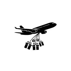 Black silhouette of an airplane flying upwards with multiple gift boxes hanging from its underside, symbolizing delivery or special cargo.