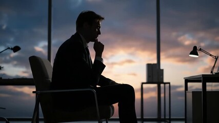 Anxious businessman silhouette thinking about corporate challenges in a dark office at sunset