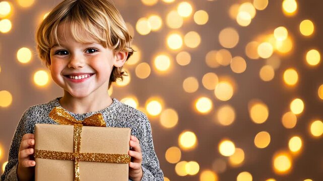 Joyful Moment: A radiant child beams with delight, cradling a beautifully wrapped gift. Glittering bokeh lights create a warm and magical ambiance.