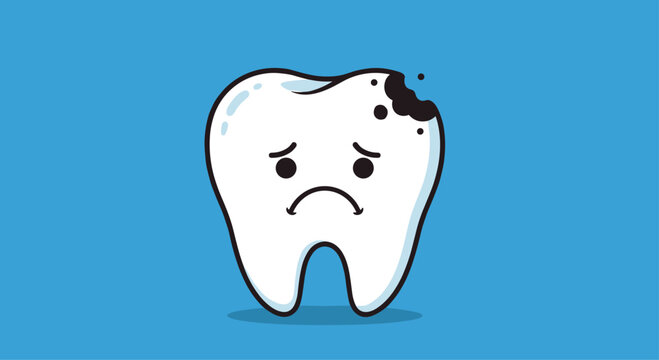 Bright blue background frames a sad cartoon tooth with a small black cavity and droopy eyes showing pain and worry about tooth decay and dental health.