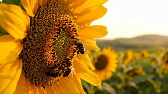 Honey bees pollinating a sunflower close up in a field during the warm glow of a summer sunset