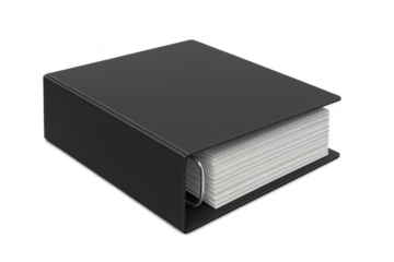 Black binder with rings on a transparent background for organization.