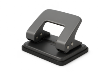 Gray two hole paper punch, on a transparent background office supply.