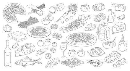 Vibrant collage of pizza cheese bread pasta fish and vegetables arranged on a rustic kitchen table featuring a diverse selection of dishes for a shared feast.