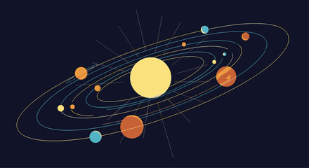 Vibrant stylized solar system featuring a bright central sun and colorful orbiting planets on elliptical tracks across a deep night blue canvas.