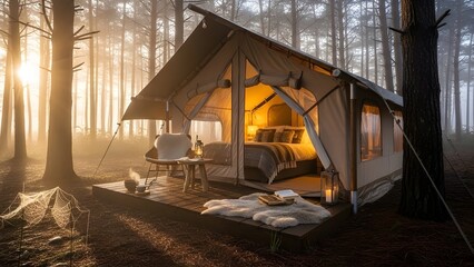 Warm sunrise illuminates cozy glamping tent within misty pine forest.