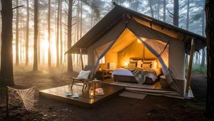 Warm sunrise illuminates cozy glamping tent within misty pine forest.