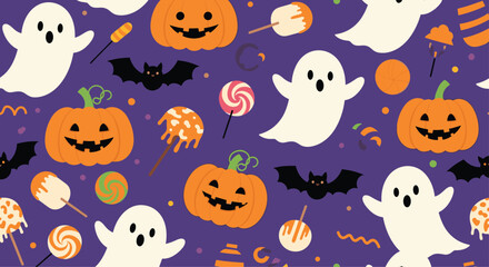 Naklejka premium Playful Halloween pattern featuring ghosts pumpkins bats and candy arranged on a purple background for festive autumn decor and kids friendly spooky delight.