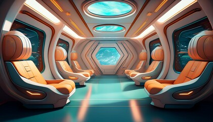 futuristic interior of a spaceship lounge or spacecraft corridor with seats