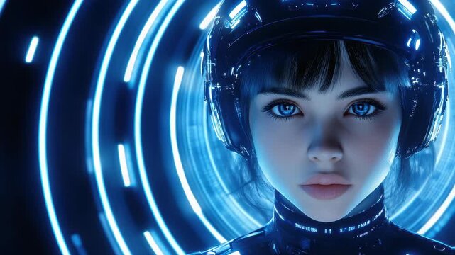 Cybernetic Gaze: A futuristic portrait of an individual within a network, gaze directly at viewer. Neon lights adds dynamic energy to a synthetic skin, creating a mysterious and captivating aesthetic.