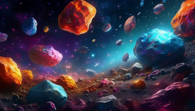 asteroid field with colorful rocks floating in deep space background