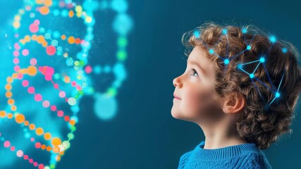 Child's Exploration of Genetics: A curious child gazes with wonder at a vibrant depiction of DNA, sparking thoughts on the building blocks of life and the wonders of scientific inquiry. - Powered by Adobe