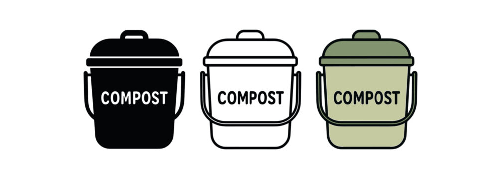 Flat vector illustration small compost caddies for kitchen soft rounded silhouettes clean outline one black and white flat version one outline version one color version cozy eco lifestyle