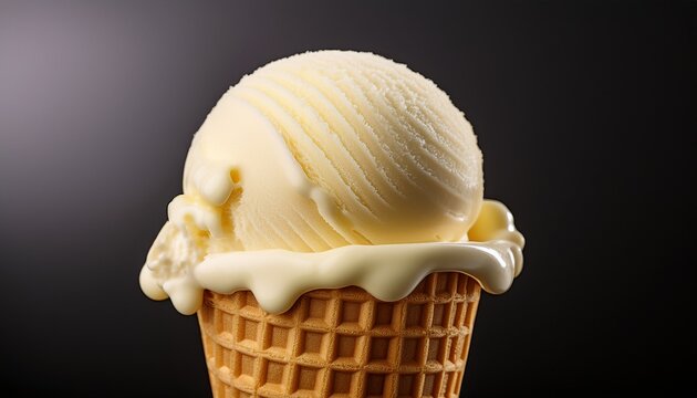 a single scoop of creamy vanilla ice cream freshly extracted with a scooper showing fine ridges and smooth textured curves the scoop is perfectly placed on top of a golden crisp sugar cone