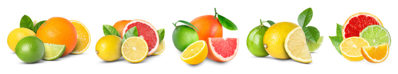Various citrus fruits isolated on white, set