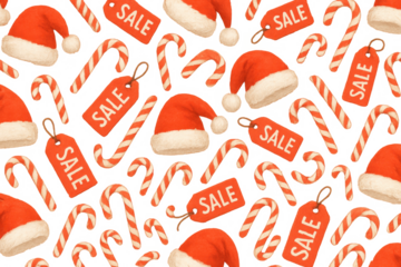 Christmas sale pattern featuring santa hats, candy canes, and red price tags on a transparent background