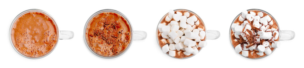Tasty hot cocoa with marshmallows and chocolate shavings in cup isolated on white, collection. Top view