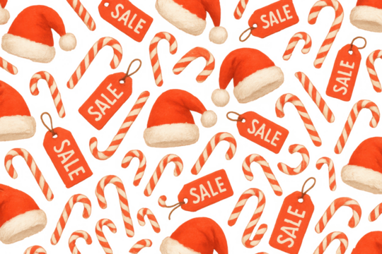 Christmas sale pattern featuring santa hats, candy canes, and red price tags on a transparent background - Powered by Adobe
