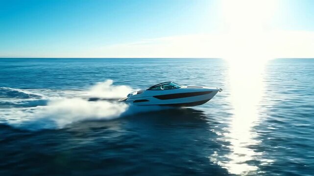 A cinematic aerial view of a luxury speedboat cruising at high speed across the open ocean on a bright sunny day.