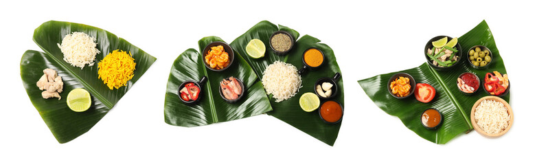 Banana leaves used for serving food. Collection of different dishes isolated on white