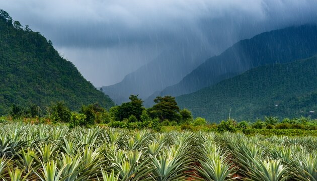 scenic landscape with pineapples under the rain mountains in the background