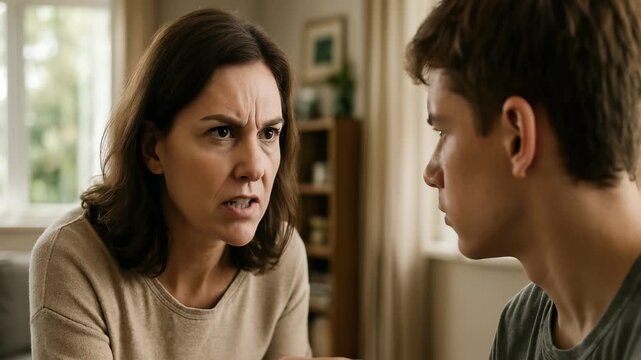 woman menacingly chastises teenage. mother viciously scolding her son while pointing an accusatory index finger at him. aggressive parental behavior, toxic communication patterns, emotional abuse.