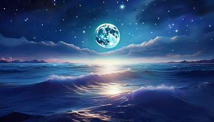 vast ocean full moon starry night sky