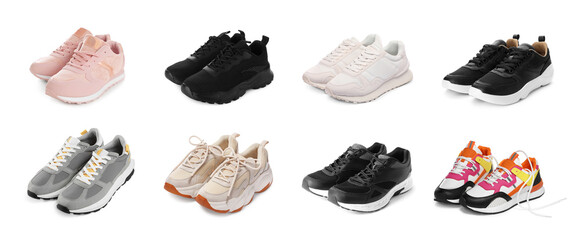 Set of different sneakers isolated on white