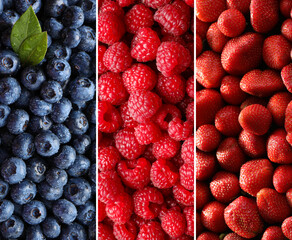 Collage of different fresh berries. Strawberries, blueberries and raspberries