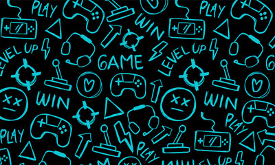 Hand-drawn gaming doodle pattern with neon blue sketch elements on a black background, designed for modern gaming visuals, digital backgrounds, and youth-oriented creative projects.