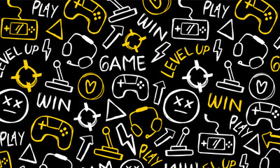 Hand-drawn gaming doodle pattern with white and yellow sketch elements on a black background, suitable for playful game designs, creative surfaces, and modern decorative use.