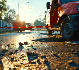 Rainy Autumn Afternoon on City Street with Puddle and Car Tires Splash