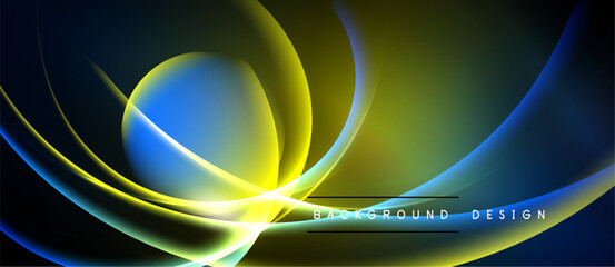 Abstract flowing lines, vibrant blues, yellows create dynamic background. Modern design evokes energy, movement, sophistication.