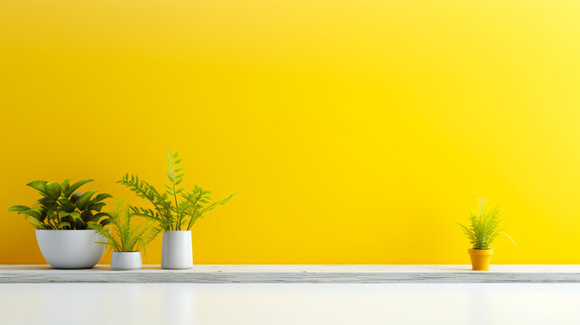 Bright and Airy Home or Office Space with Potted Plants on Shelves Against a Vibrant Yellow Wall